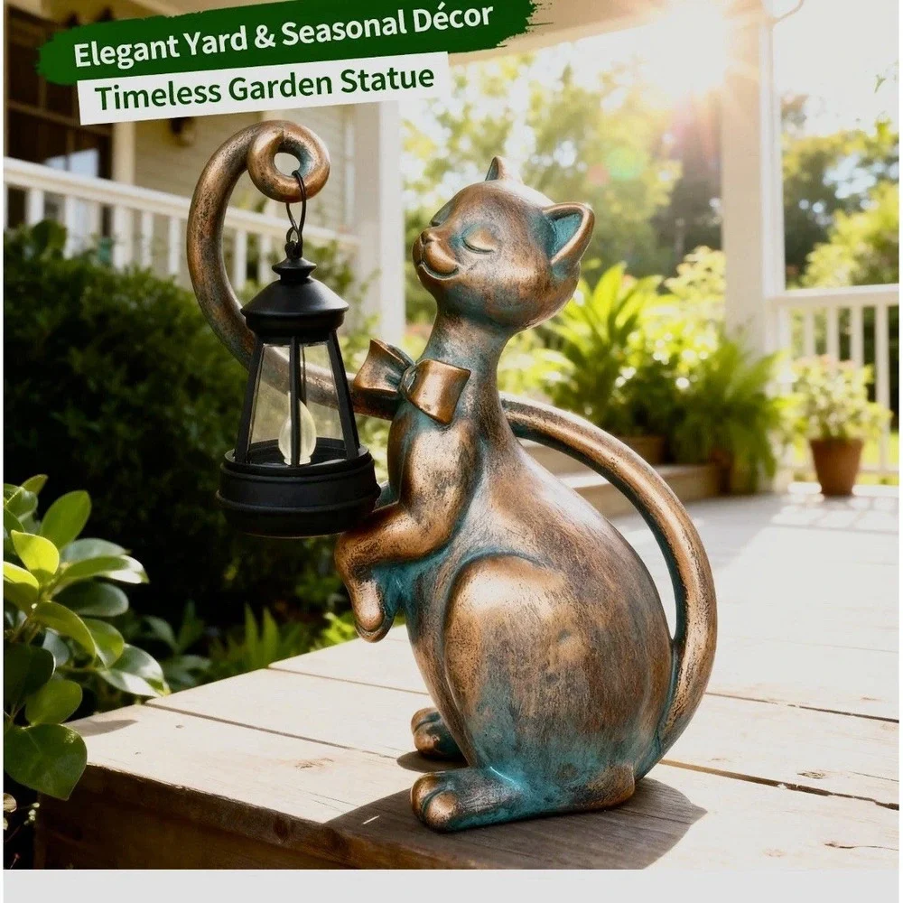 Solar Powered Cat Garden Statue Lighted Lantern Sculpture Outdoor Yard Art Decor